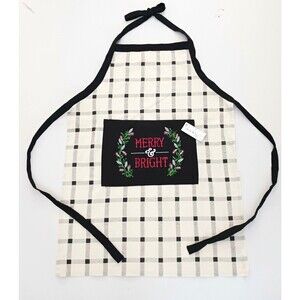 NWT Nicole Miller XMAS Bib Full Apron Blk/Cream Linen/Cotton Merry & Bright O/S